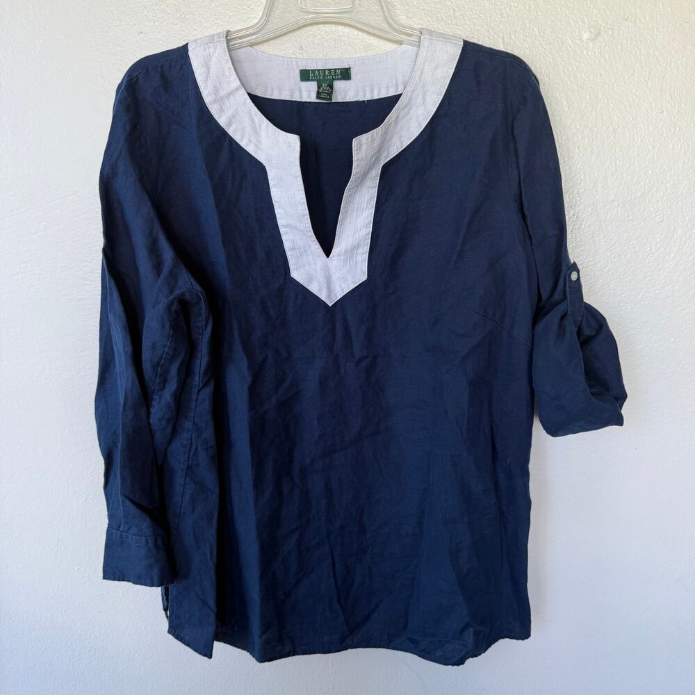 Lauren Ralph Lauren Linen Roll Tab Tunic Blouse size 2X Navy Blue White - Picture 3 of 10